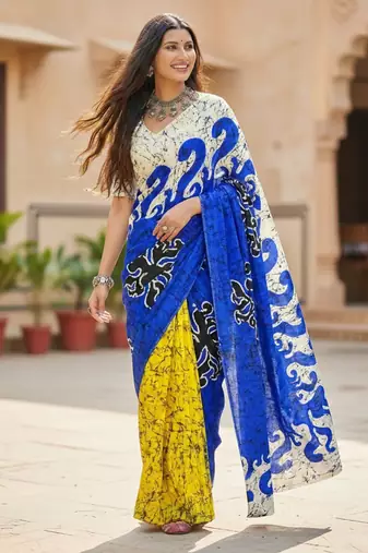 Blue color bagru fancy hand printed designer saree with blouse
