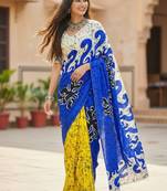 Blue color bagru fancy hand printed designer saree with blouse