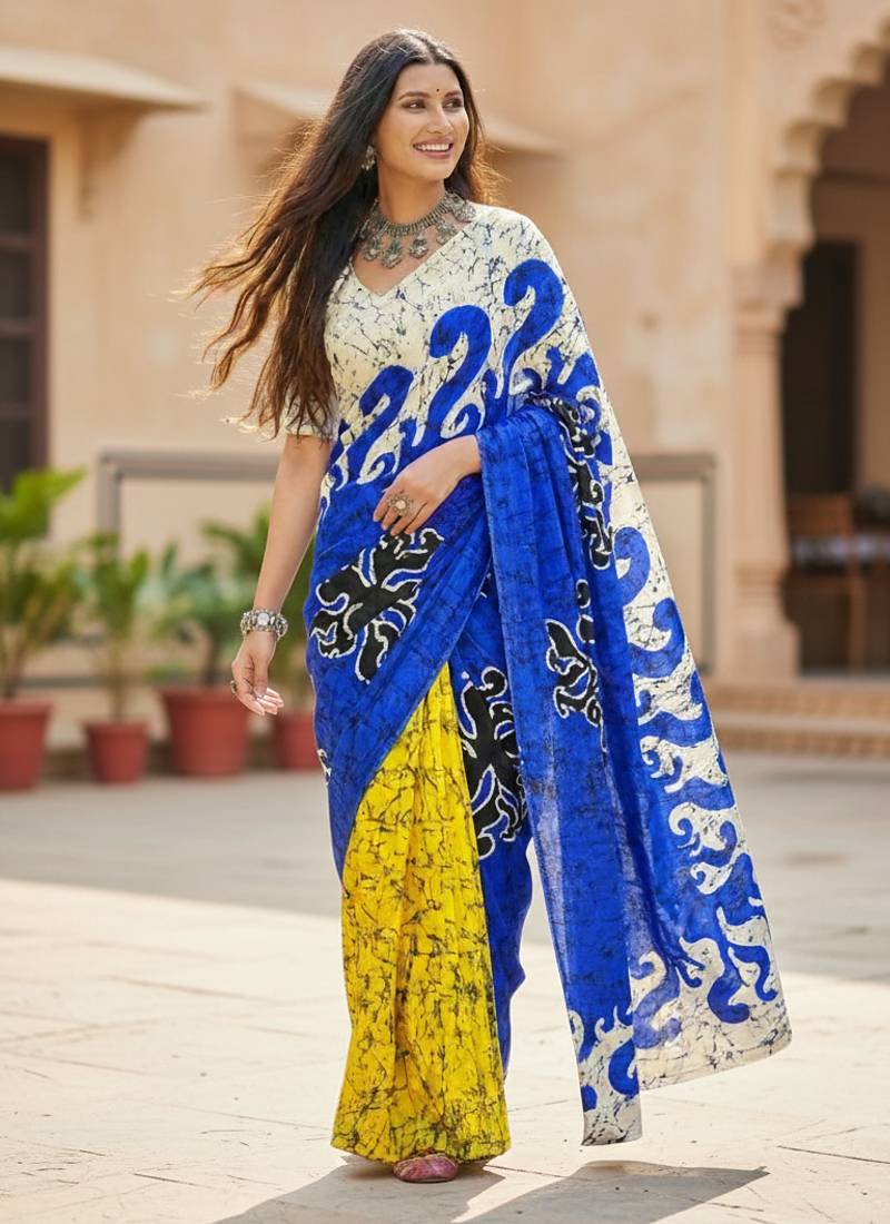 Blue color bagru fancy hand printed designer saree with blouse