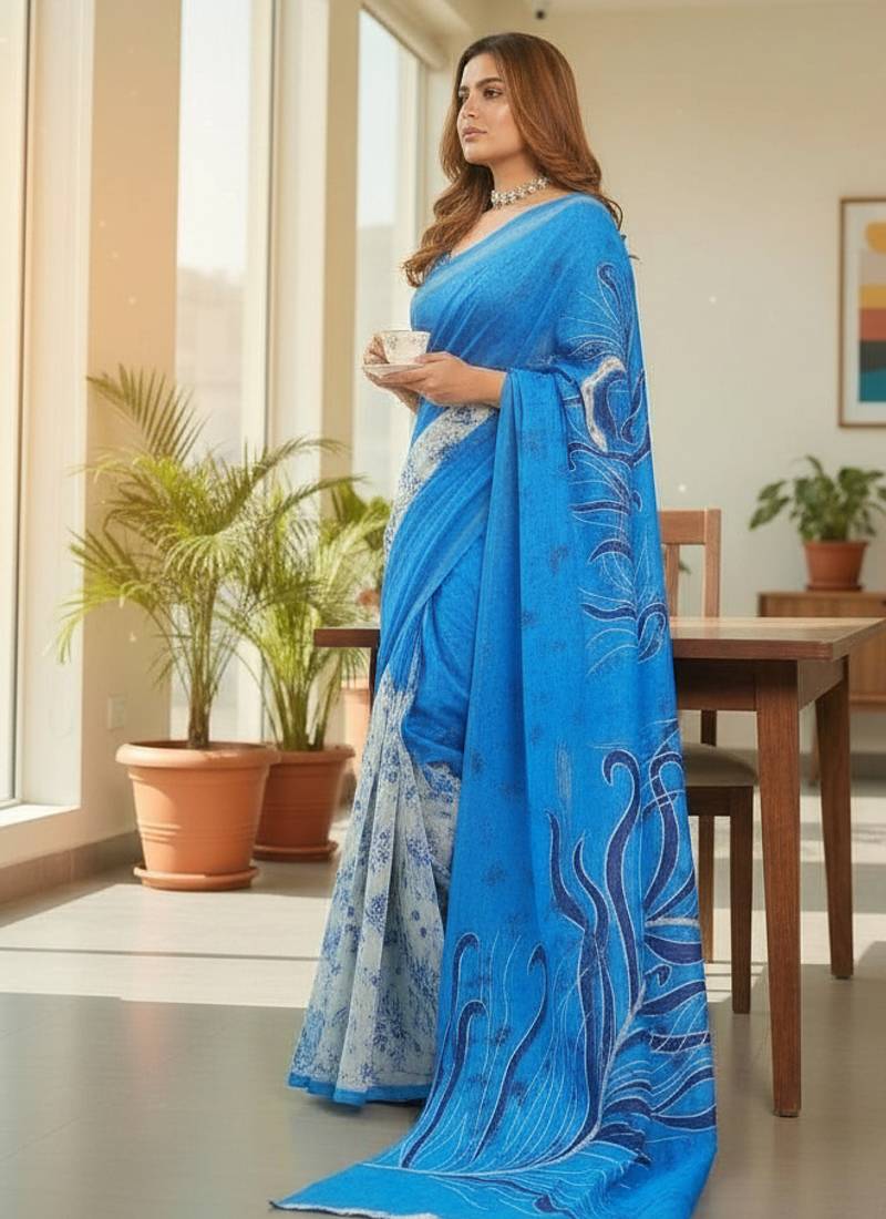 Aqua blue color bagru fancy hand printed designer saree with blouse