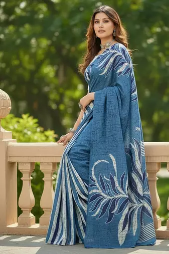Blue color bagru fancy hand printed designer saree with blouse