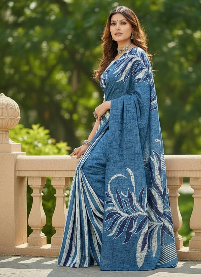blue bagru cotton hand-printed designer saree