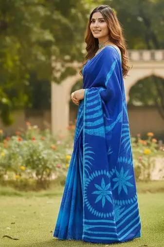 Navy blue color bagru fancy hand printed designer saree with blouse