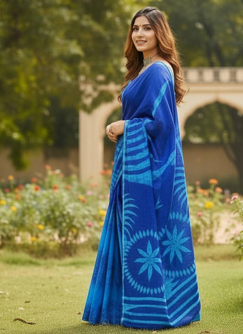Navy blue color bagru fancy hand printed designer saree with blouse