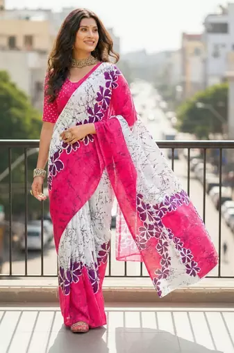 Pink color bagru fancy hand printed designer saree with blouse