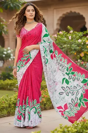 Rani pink color bagru fancy hand printed designer saree with blouse