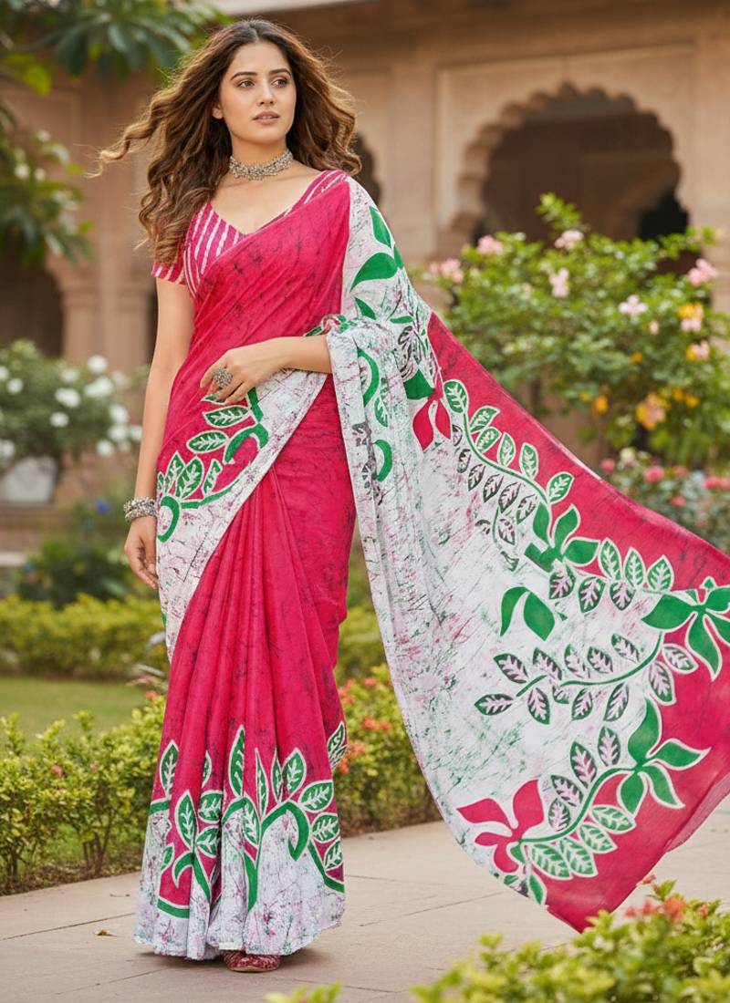Rani pink color bagru fancy hand printed designer saree with blouse