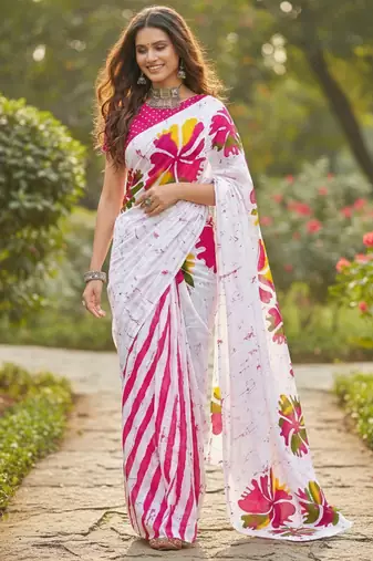 White color bagru fancy hand printed designer saree with blouse
