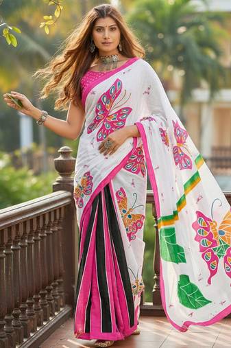 White color bagru fancy hand printed designer saree with blouse