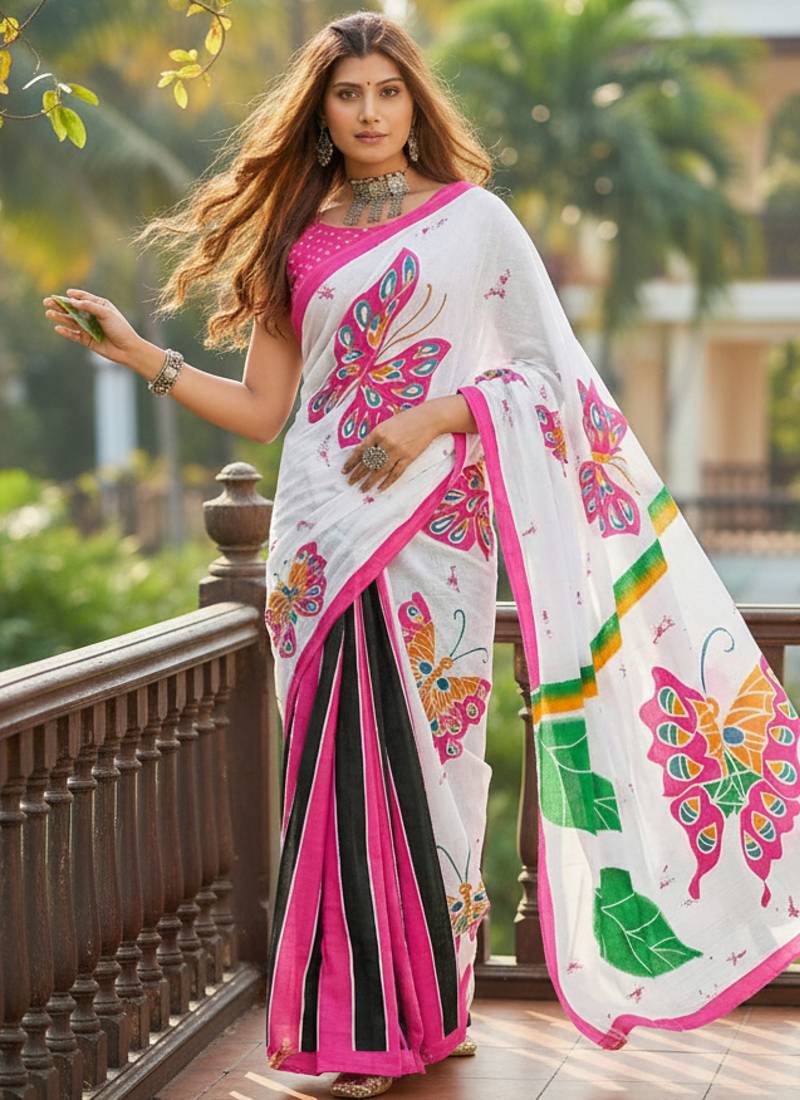 white bagru hand-printed cotton saree