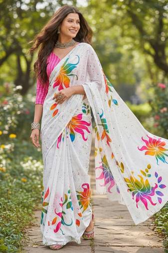 White color bagru fancy hand printed designer saree with blouse