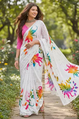 White color bagru fancy hand printed designer saree with blouse