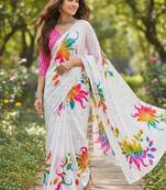 white bagru cotton hand-printed saree