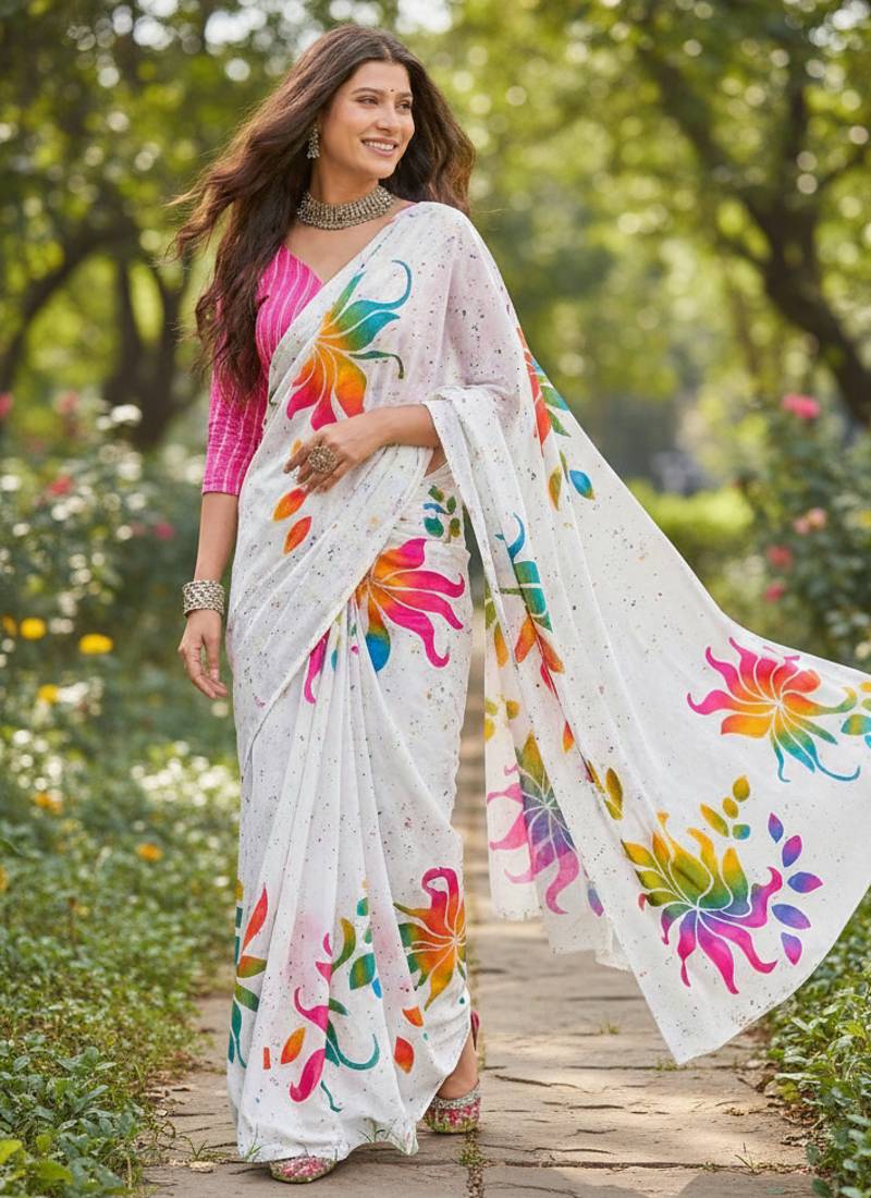 white bagru cotton hand-printed saree