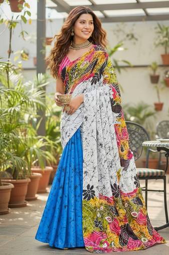 White color bagru fancy hand printed designer saree with blouse