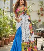 white bagru hand-printed cotton saree