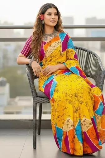 Yellow color bagru fancy hand printed designer saree with blouse
