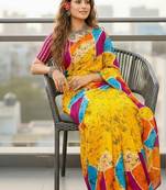 Yellow color bagru fancy hand printed designer saree with blouse