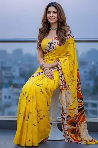 Yellow color bagru fancy hand printed designer saree with blouse
