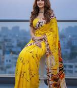 yellow bagru hand-printed cotton saree