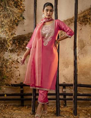 peach silk blend embroidered kurta pant set 1