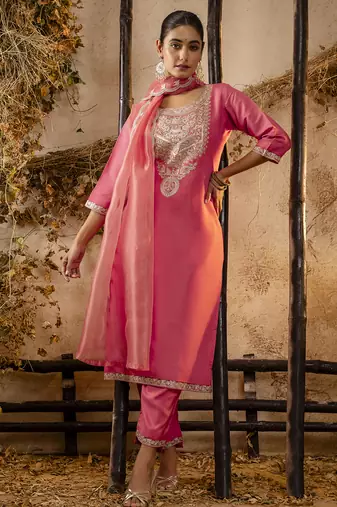 peach silk blend embroidered kurta pant set