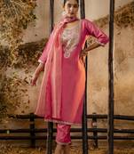peach silk blend embroidered kurta pant set