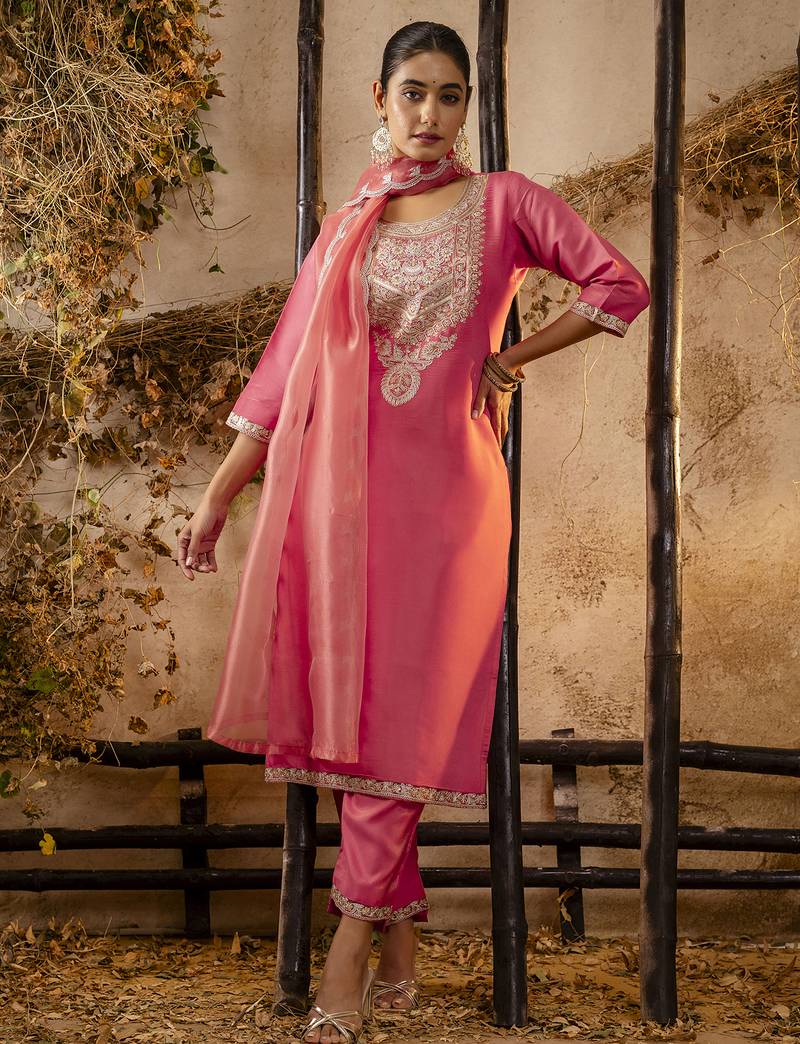 peach silk blend embroidered kurta pant set