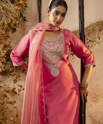 peach silk blend embroidered kurta pant set 3