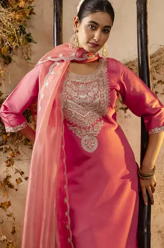 peach silk blend embroidered kurta pant set