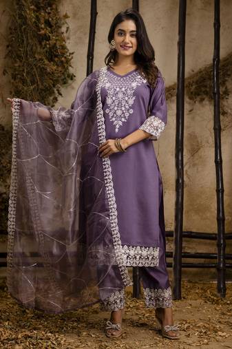 lavender silk blend embroidered kurta pant set