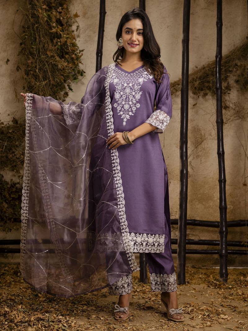 lavender silk blend embroidered kurta pant set