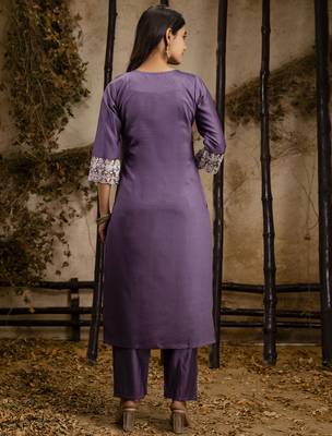 lavender silk blend embroidered kurta pant set 2