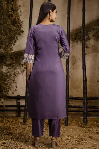 lavender silk blend embroidered kurta pant set