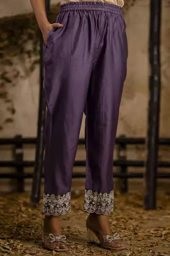 lavender silk blend embroidered kurta pant set
