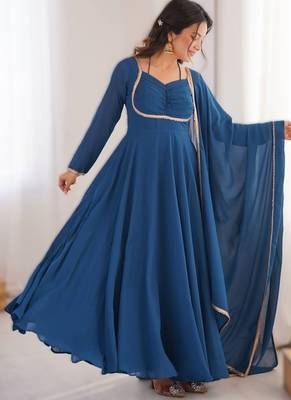 teal blue faux woollen lace anarkali set 1