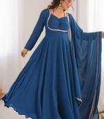 teal blue faux woollen lace anarkali set