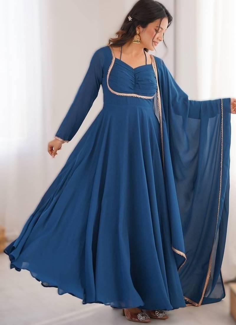 teal blue faux woollen lace anarkali set