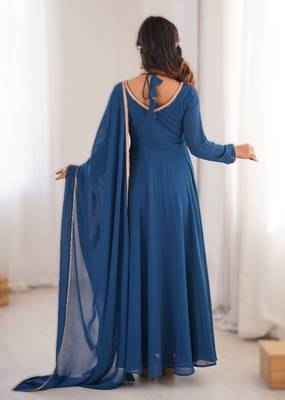 teal blue faux woollen lace anarkali set 2