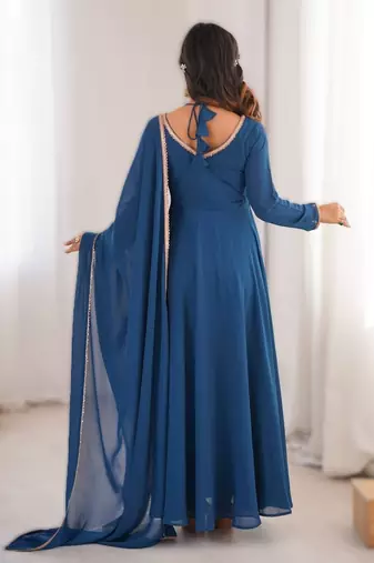 teal blue faux woollen lace anarkali set