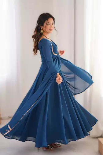 teal blue faux woollen lace anarkali set
