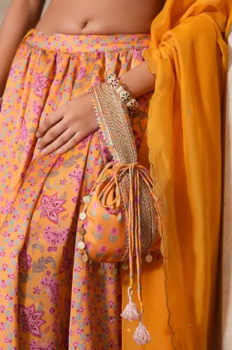 yellow silk embroidered potli bag for weddings