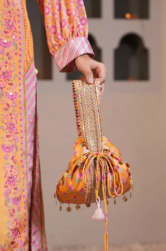 yellow silk embroidered potli bag for weddings