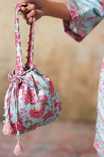 Blue silk printed potli bag