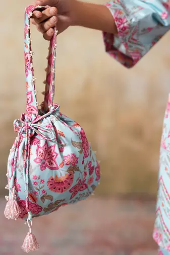 Blue silk printed potli bag