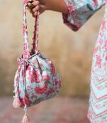 Blue silk printed potli bag