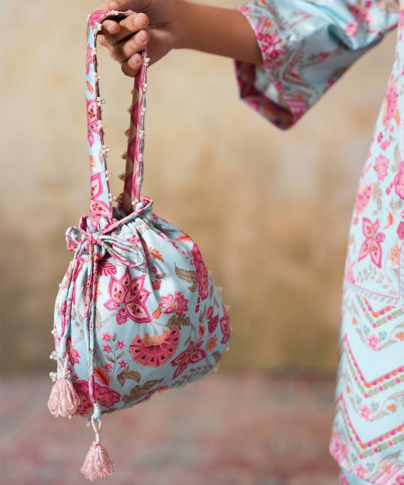 Blue silk printed potli bag