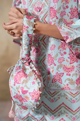 Blue silk printed potli bag