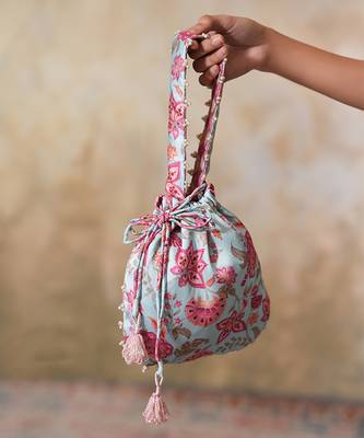 Blue silk printed potli bag 3