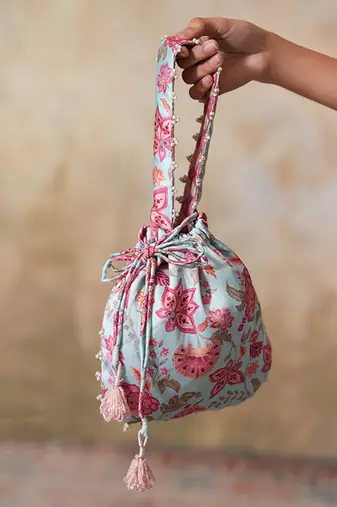Blue silk printed potli bag
